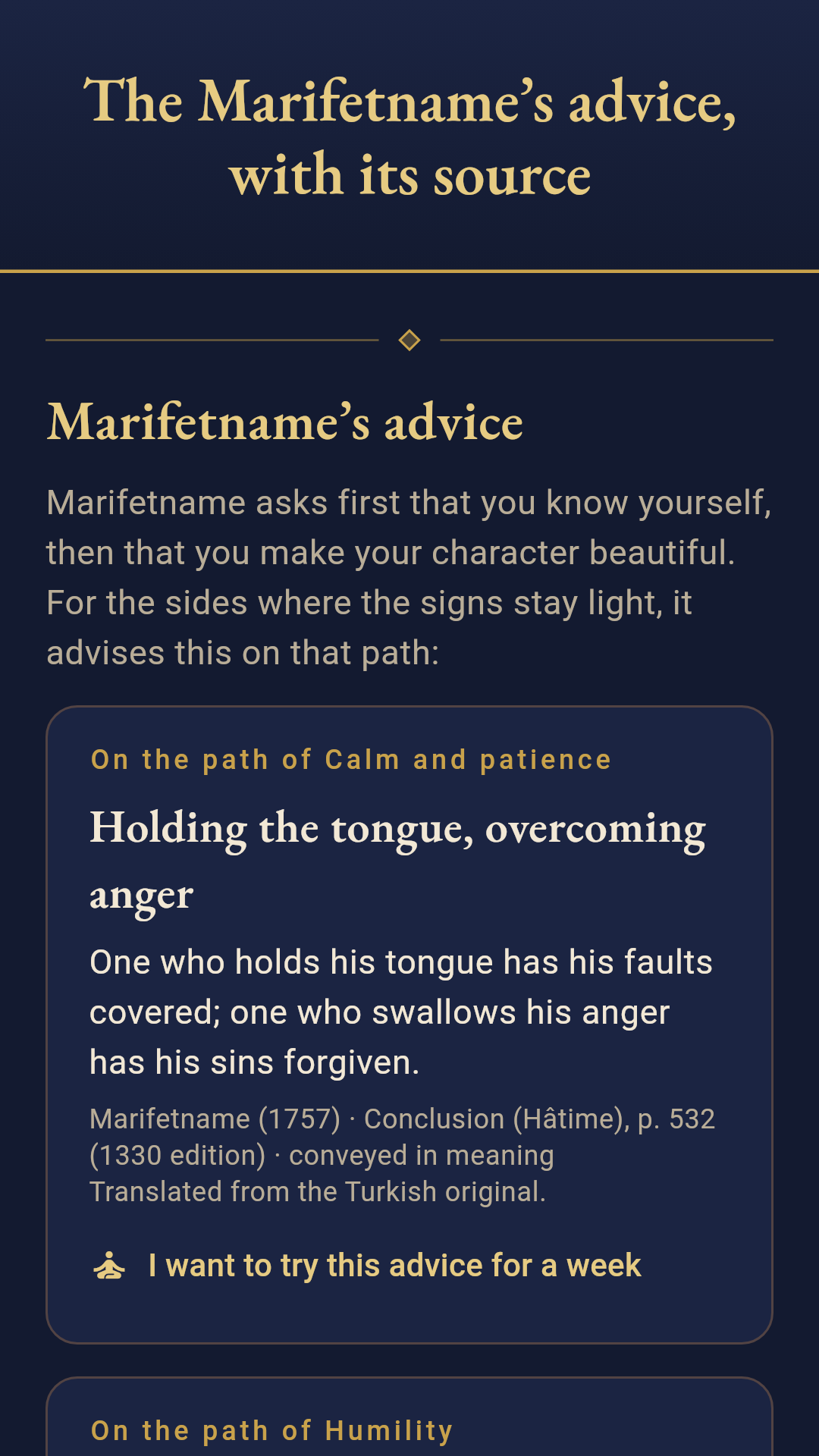 The Marifetname’s advice, with its source
