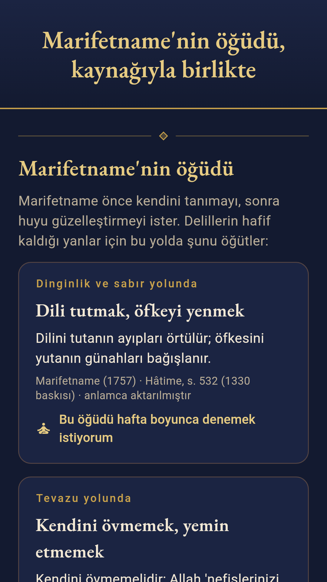 Marifetname'nin öğüdü, kaynağıyla birlikte